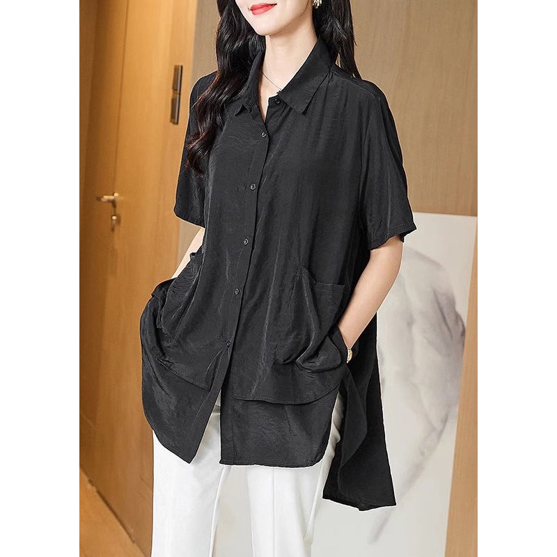 Unique Black Button Low High Design Patchwork Cotton Shirt Fall