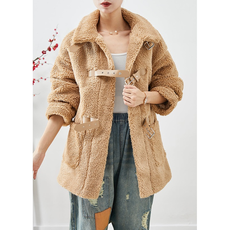 Unique Khaki Peter Pan Collar Pockets Faux Fur Teddy Coats Winter