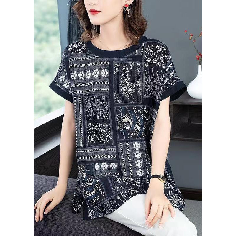 Unique Navy O Neck Print Patchwork Silk T Shirt Short Sleeve