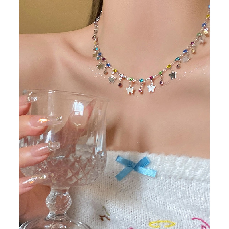 Unique Rainbow Copper Zircon Butterfly Tassel Necklace