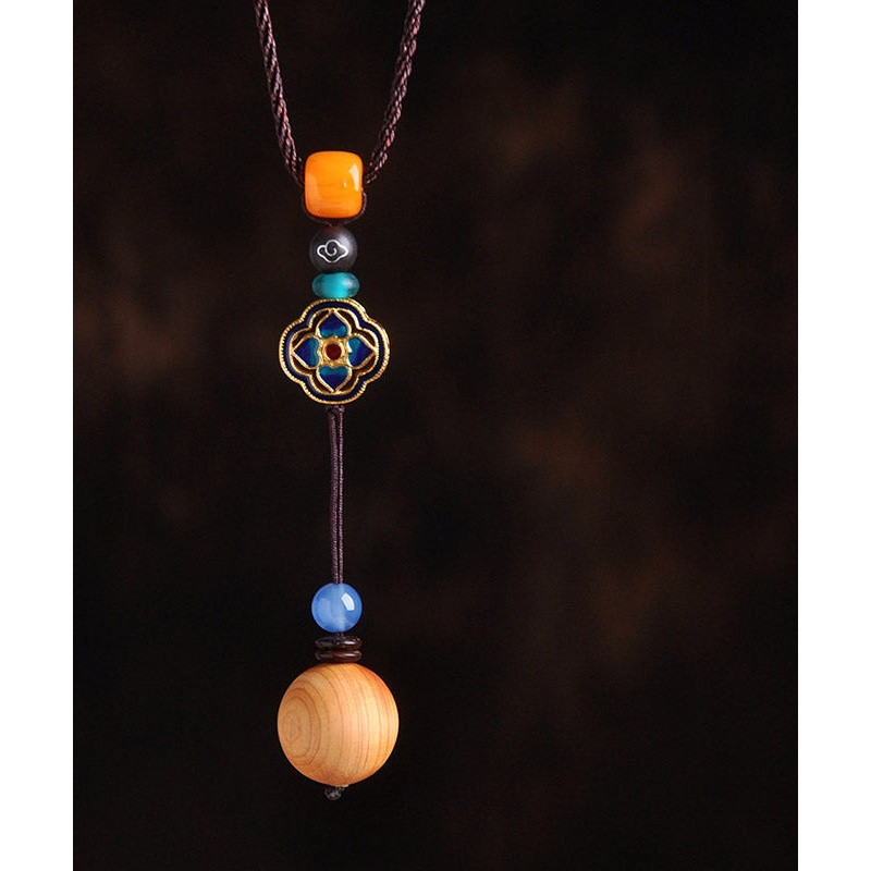 Unique Yellow Cloisonne Enamel Beeswax Chalcedony Clover Pendant Necklace