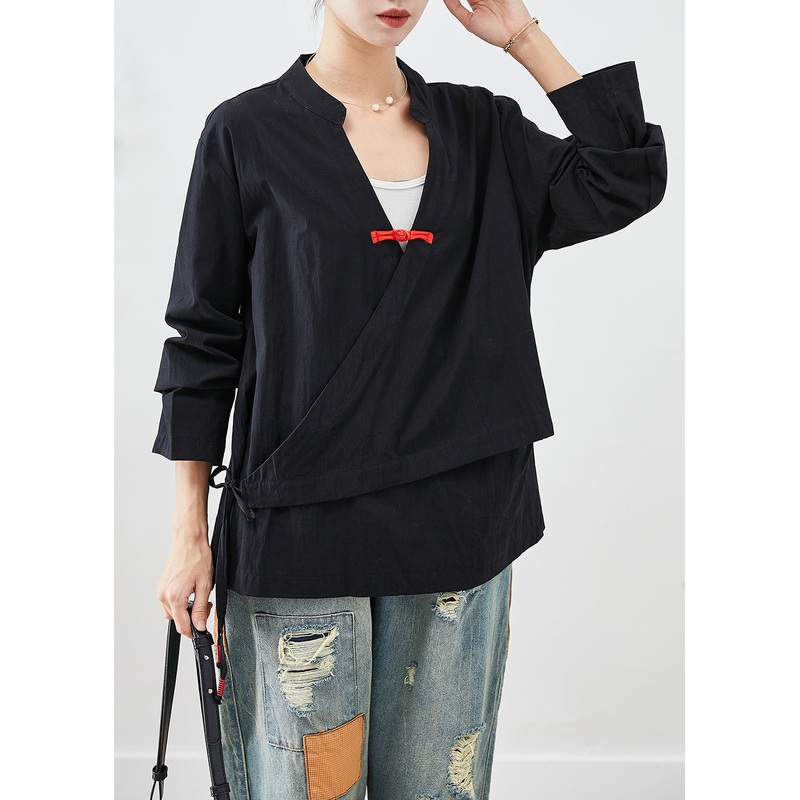 Vintage Black Lace Up Chinese Button Cotton Blouse Top Fall