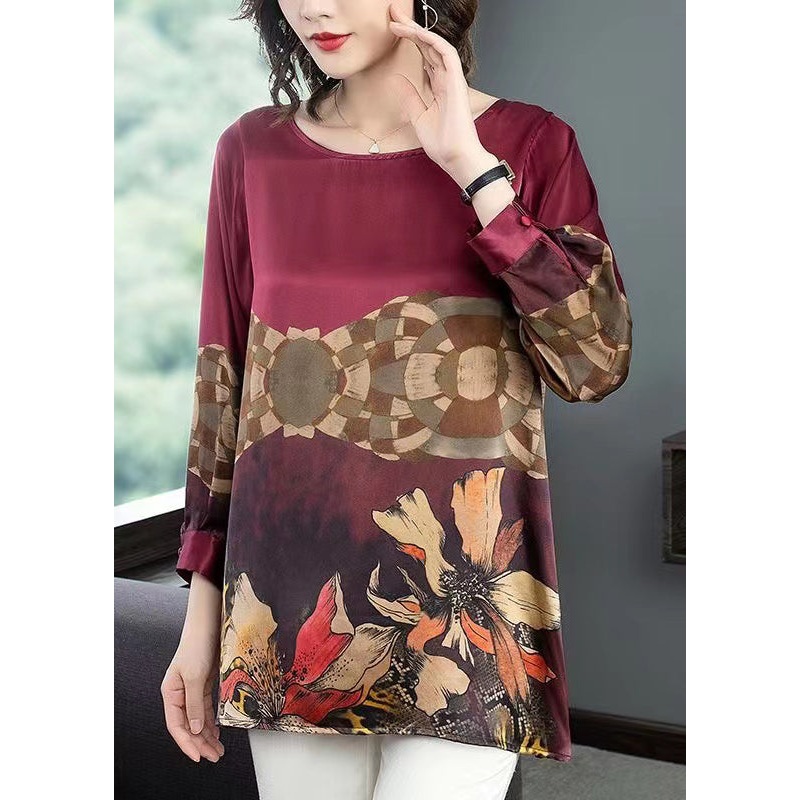 Wine Red Print Patchwork Silk Tops Long Sleeve