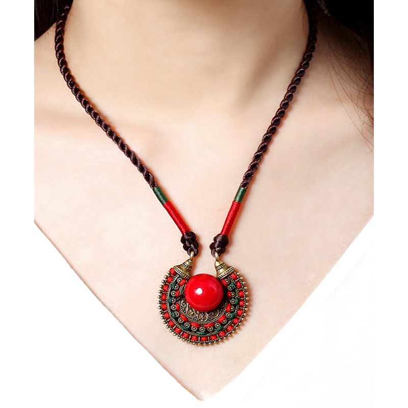 Women Alloy Gem Stone Hand Knitting Pendant Necklace
