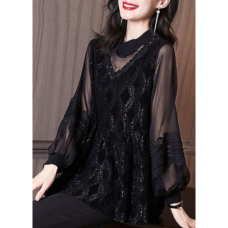 Women Black Embroidered Hollow Out Patchwork Lace Top Lantern Sleeve