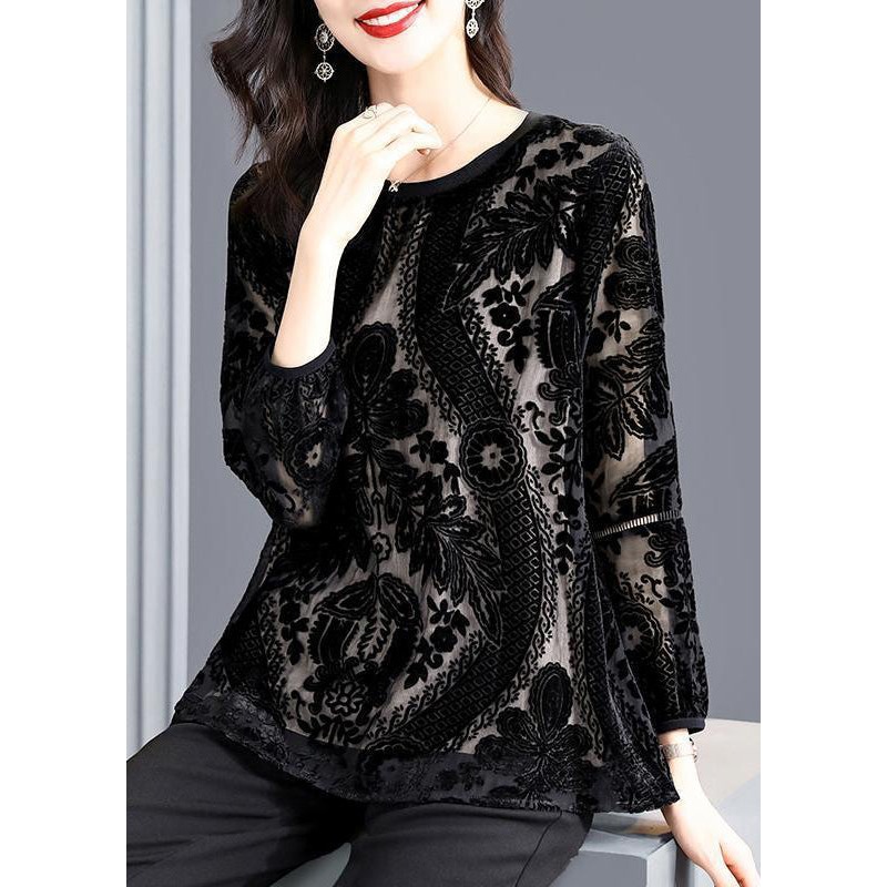 Women Black O-Neck Hollow Out Patchwork Silk Velour Top Fall