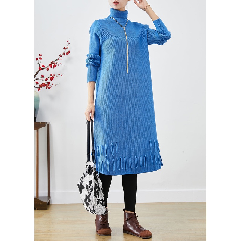 Women Blue Turtle Neck Tasseled Knitted Dress Fall
