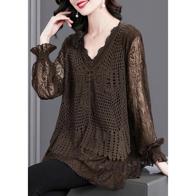 Women Coffee Ruffled Hollow Out Patchwork Knit Shirt Tops Fall