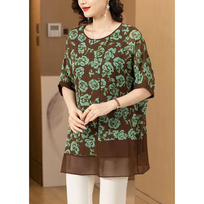 Women Green O Neck Print Patchwork Chiffon T Shirt Summer