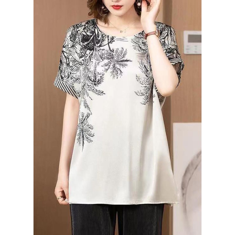 Women Grey O Neck Print Patchwork Silk T Shirt Short Sleeve