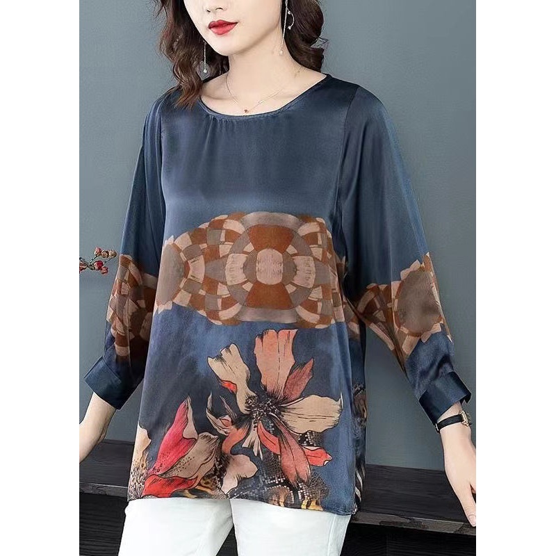 Women Navy O Neck Print Patchwork Silk Tops Fall
