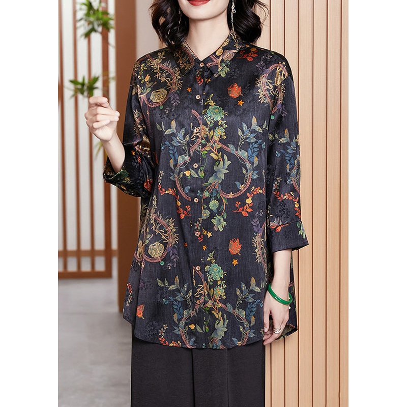 Women Navy Print Button Patchwork Silk Shirt Tops Fall