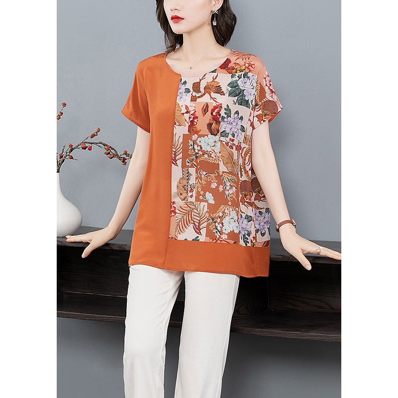 Women Orange O Neck Print Patchwork Silk T Shirt Tops Summer