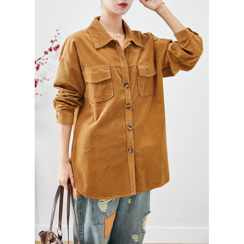 Women Yellow Oversized Pockets Corduroy Coats Fall