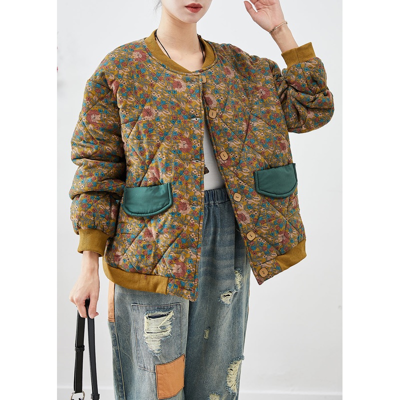 Women Yellow Oversized Print Fine Cotton Filled Winter Coats Winter
