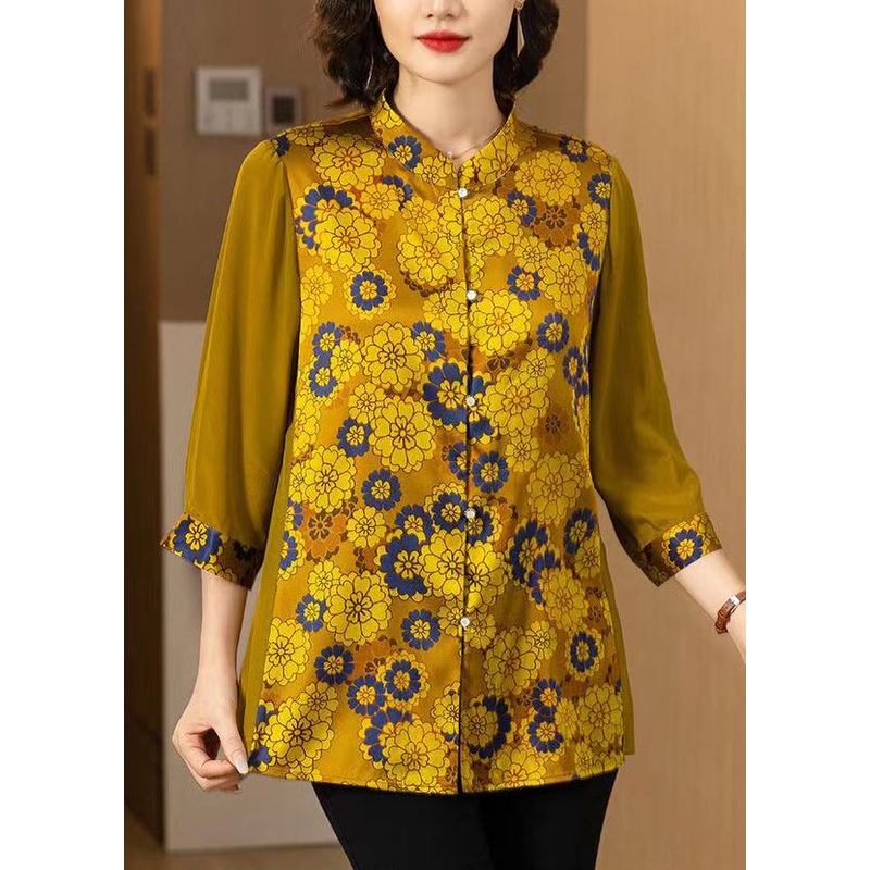 Women Yellow Print Button Patchwork Silk Shirt Bracelet Sleeve