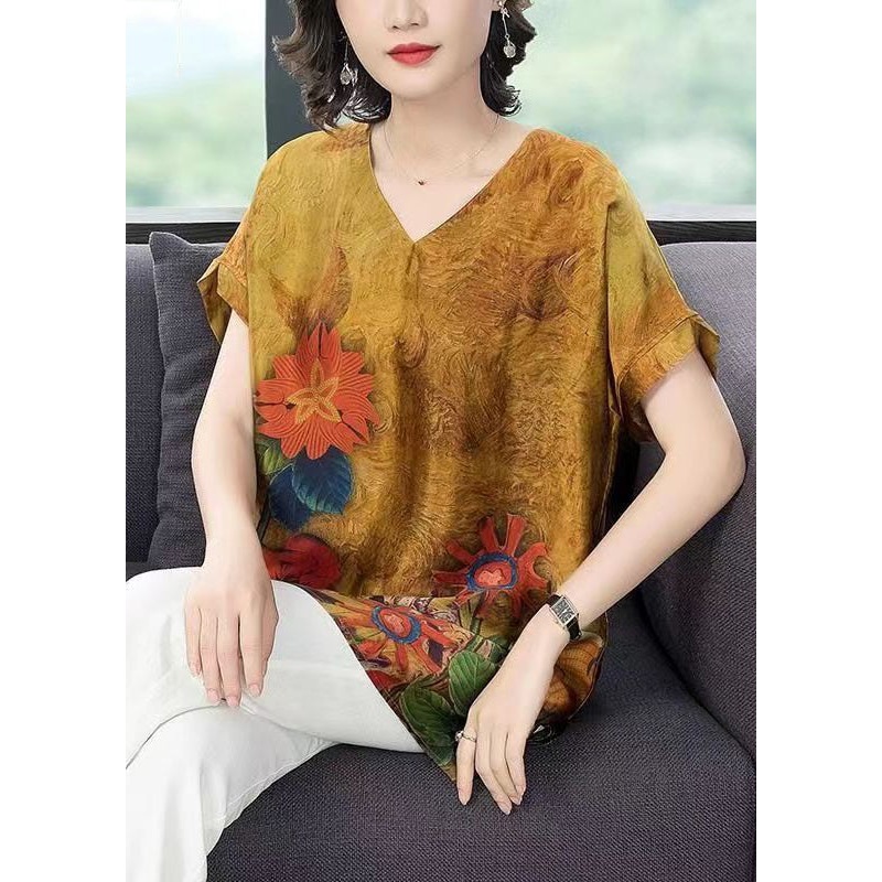 Women Yellow Print Side Open Patchwork Silk T Shirt Short Sleeve