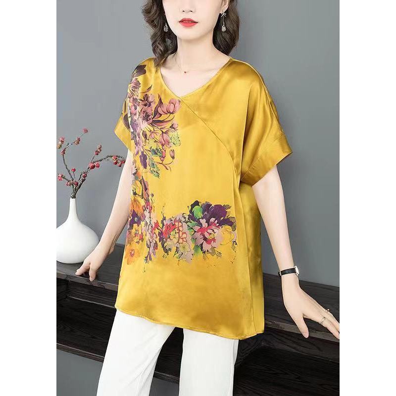 Women Yellow V Neck Print Patchwork Silk T Shirt Top Summer