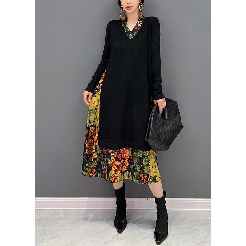 Art Black V Neck Print Patchwork Fake Two Pieces Knit Dresses Fall