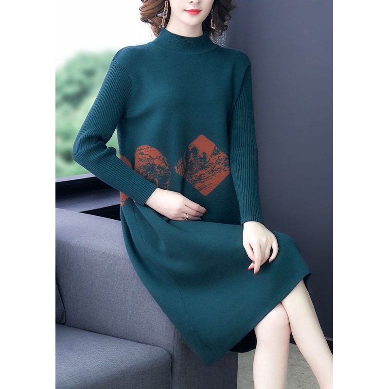 Art Blackish Green High Neck Print Cashmere Knitted Dress Long Sleeve