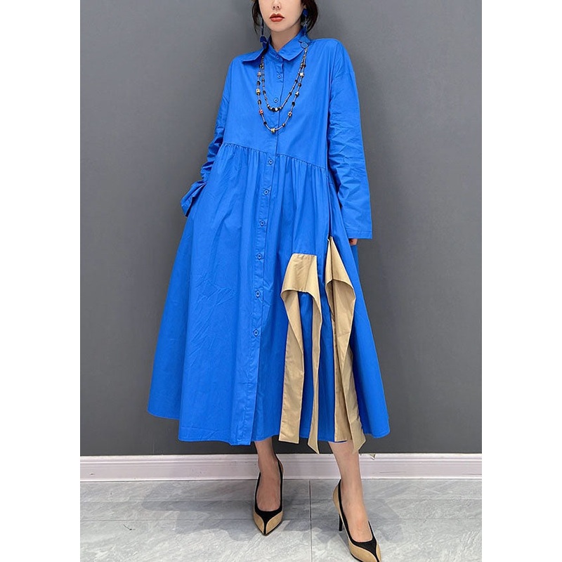 Art Blue Asymmetrical Design Patchwork Cotton Maxi Dresses Fall