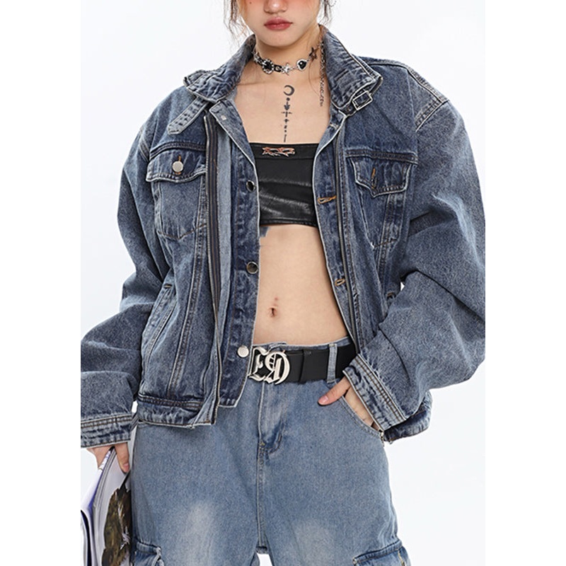 Art Blue Stand Collar Patchwork Zippered Denim Coats Long Sleeve