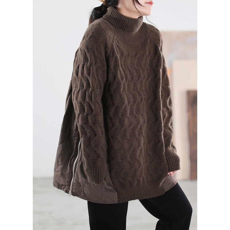Art Chocolate Turtleneck Zippered Patchwork Thick Knit Sweaters Long Sleeve