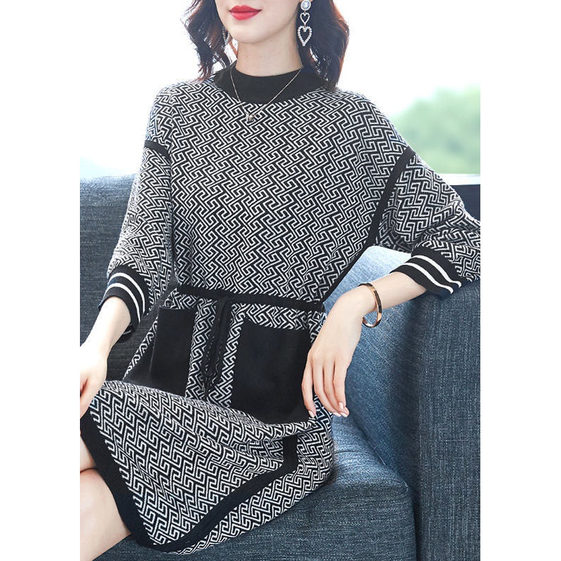 Beautiful Black O-Neck Print Drawstring Knit Sweater Dress Long Sleeve