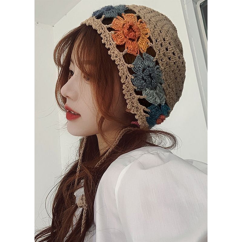 Beautiful Khaki Appliqued Hollow Out Knit Hat
