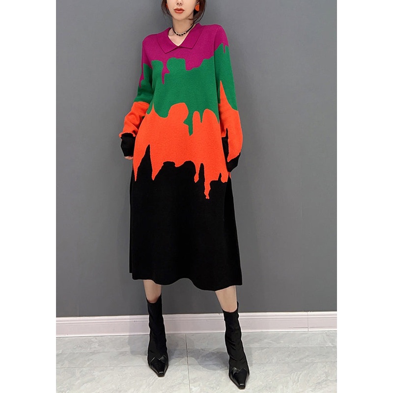 Beautiful Peter Pan Collar Print Patchwork Knit Dress Fall