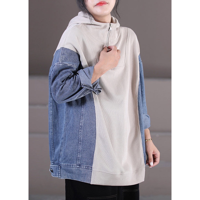 Beige Zippered Patchwork Denim Hooded Top Long Sleeve