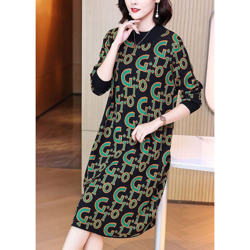 Black Letter Print Knit Long Knit Dress Oversized Long Sleeve