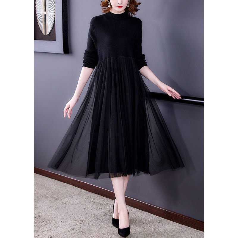 Black Patchwork Tulle Knit Long Dress Exra Large Hem Long Sleeve