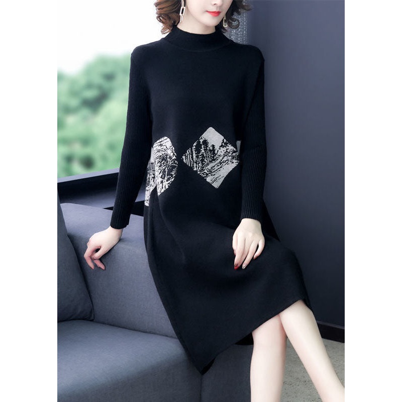Black Print Warm Cashmere Sweater Dress Stand Collar Long Sleeve