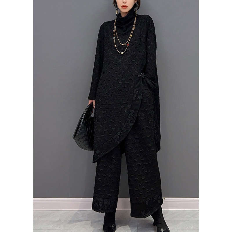 Black Turtleneck Asymmetrical Patchwork Top And Pants Two Pieces Set Fall