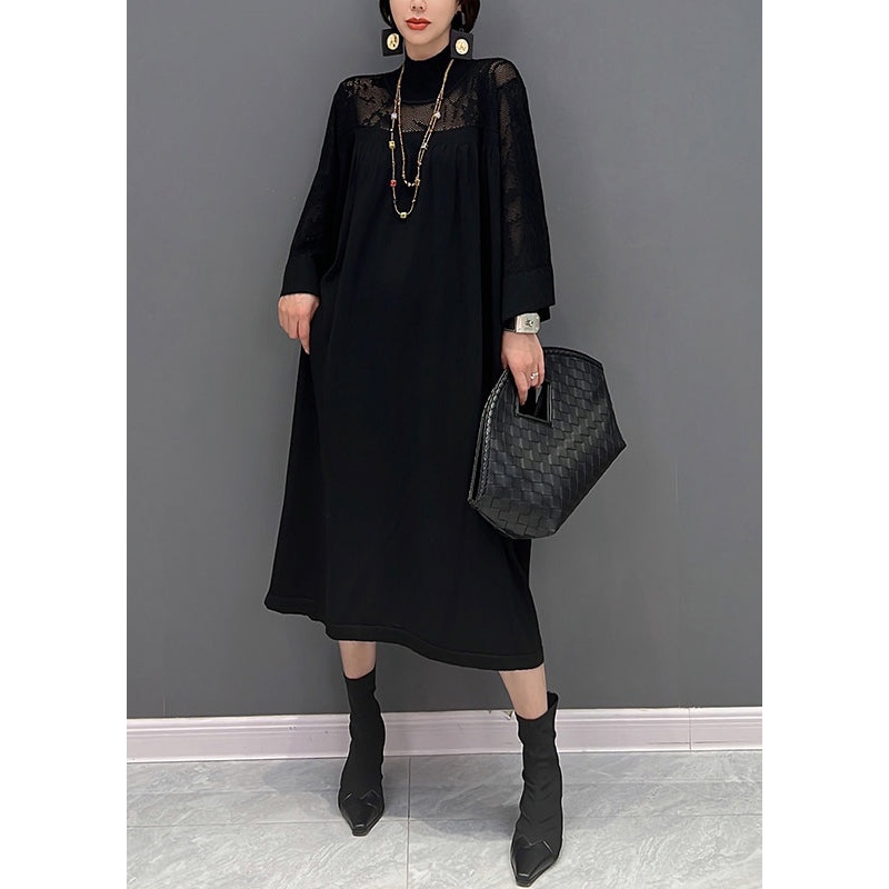 Black Turtleneck Hollow Out Knit Maxi Dress Fall