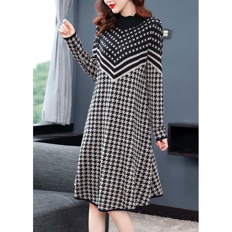 Black White Print Cinch Sweater Dress High Neck Long Sleeve