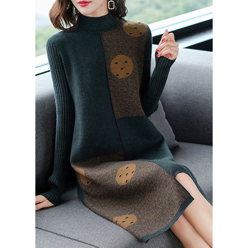 Blackish Green Patchwork Cashmere Knitted Dress Stand Collar Print Long Sleeve