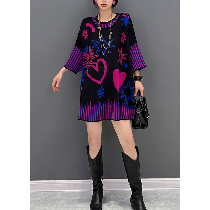 Bohemian Black O-Neck Print Thick Knit Sweater Fall
