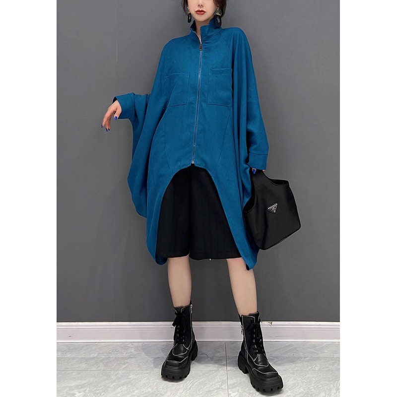 Bohemian Blue Asymmetrical Design Zippered Cotton Coat Fall