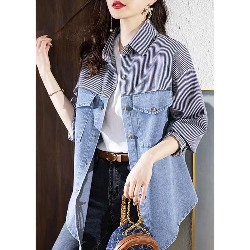 Bohemian Blue Peter Pan Collar Striped Patchwork Button Denimn Coats Fall