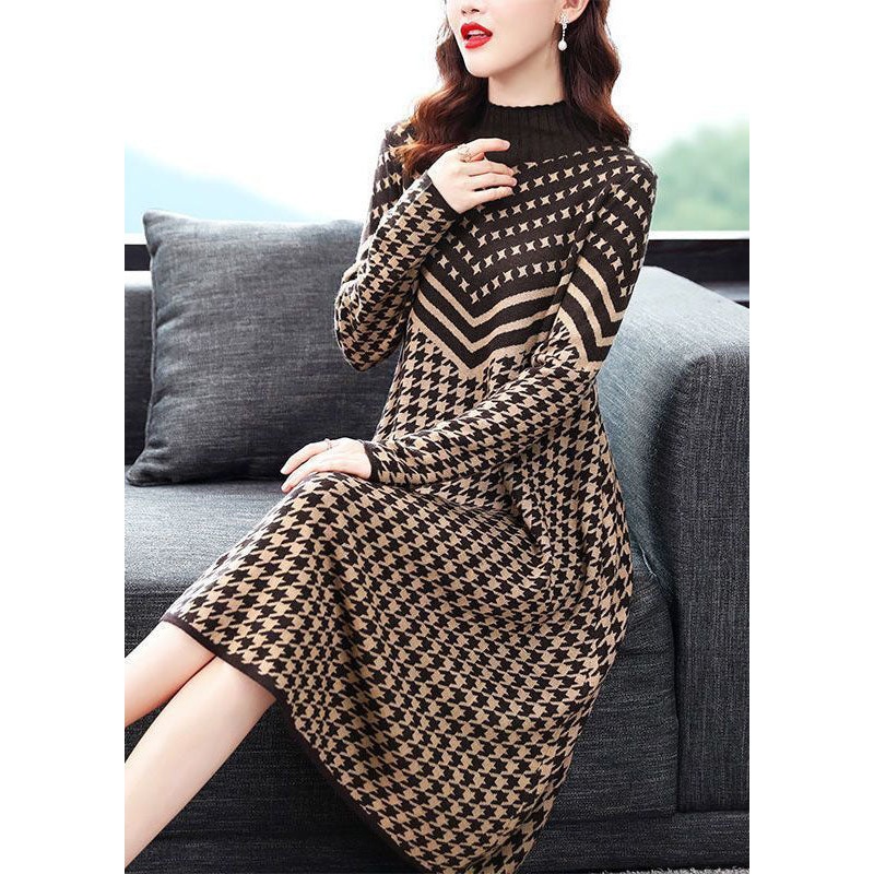 Bohemian Camel High Neck Print Long Knit Dress Long Sleeve