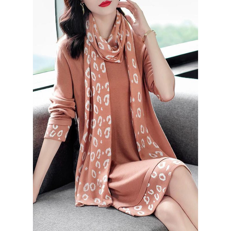 Bohemian Pink O-Neck Patchwork Scarf Long Knit Dress Long Sleeve