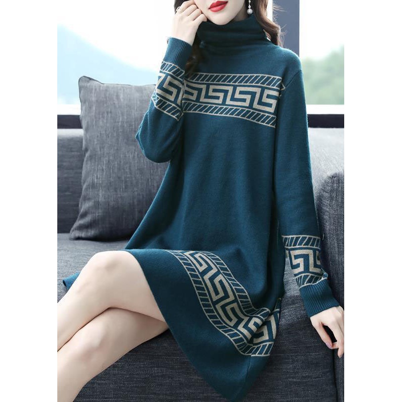 Boho Blue Turtle Neck Thick Print Long Sweater Long Sleeve
