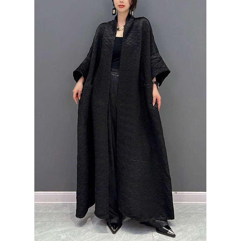 Boutique Black Oversized Pockets Jacquard Silk Trench Coats Fall