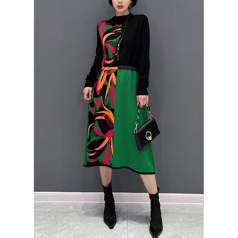 Boutique Green O-Neck Print Patchwork Tie Waist Knit Long Dress Fall