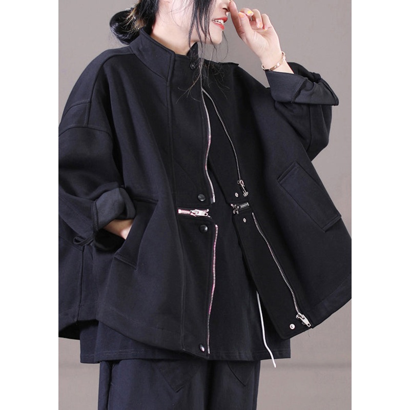 Brief Black Peter Pan Collar Zippered Patchwork Pockets Cotton Coat Long Sleeve