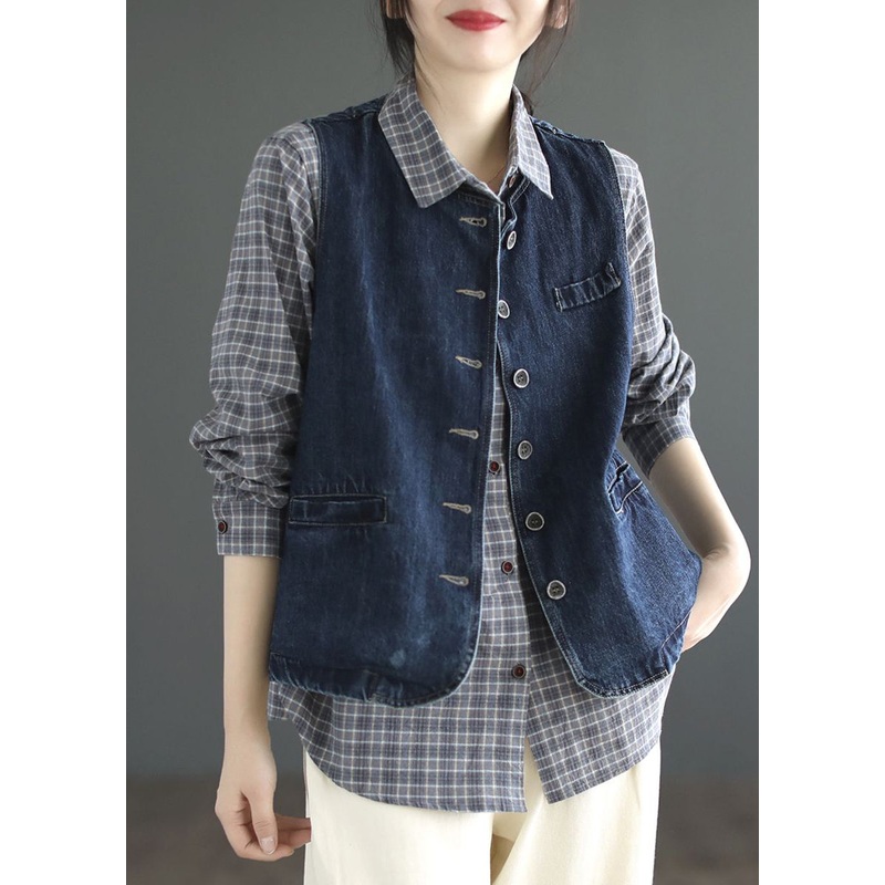 Brief Denin Blue Pockets Patchwork Denim Waistcoat Sleeveless