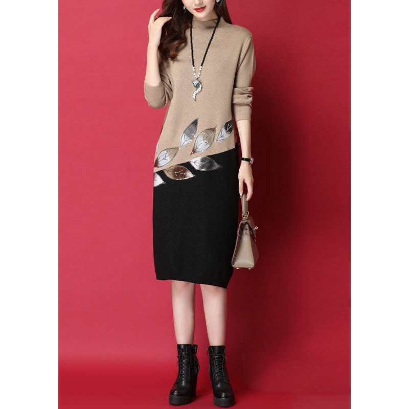 Camel Patchwork Knitted Sweater Dress Leaf Sequins Long Sleeve