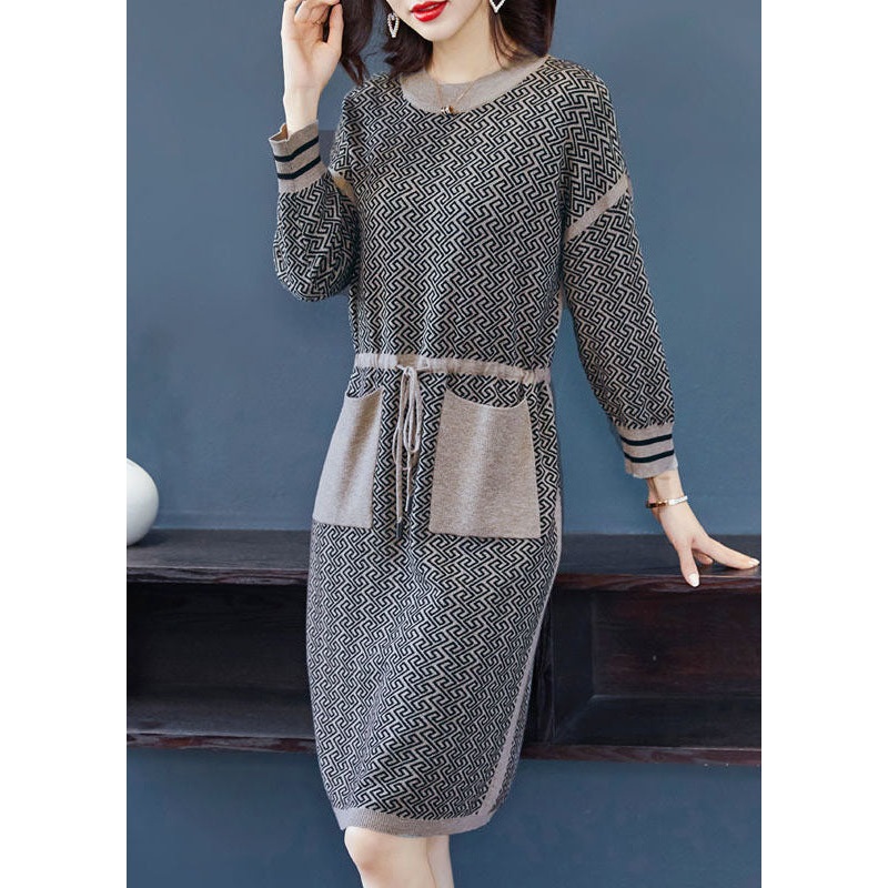 Camel Patchwork Long Knit Dress Pockets Tie Waist Long Sleeve